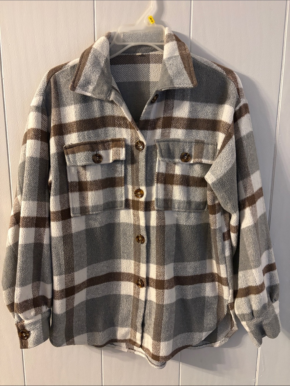 Women's Plaid Button-Up Shacket in Gray & Brown, M/L